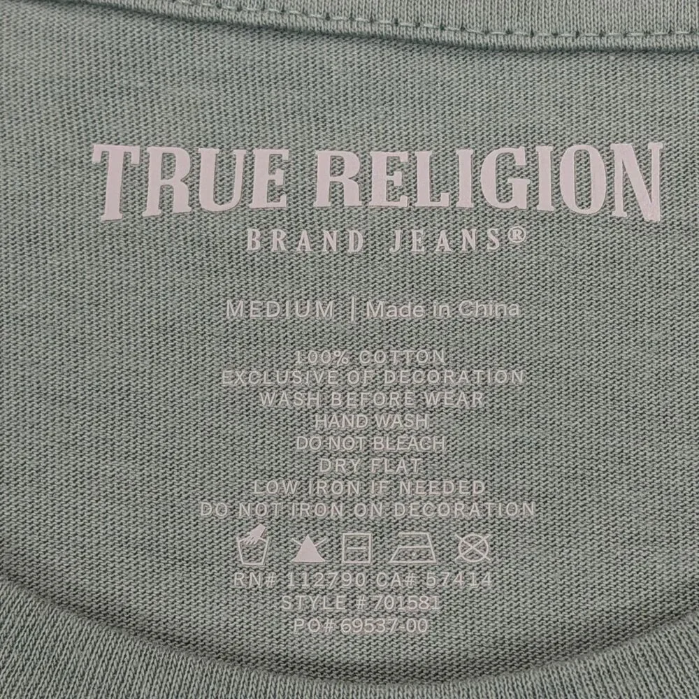 True Religion Men's Crystal Poster Buddha Tee Shirt Medium M Arona Green NWT